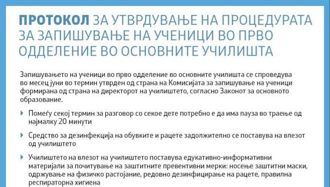 Протокол за утврдување на процедурата за запишување на учениците во прво одделение во основните училишта