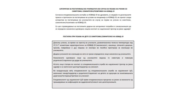 АЛГОРИТАМ ЗА ПОСТАПУВАЊЕ ВО УЧИЛИШТАТА ВО СЛУЧАЈ НА ПОЈАВА НА УЧЕНИК СО СИМПТОМИ, СОМНИТЕЛЕН/ПОЗИТИВЕН НА КОВИД-19
