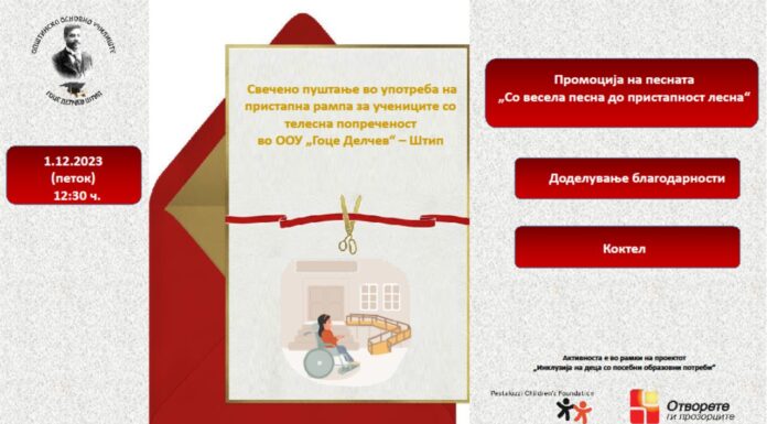 Свечено пуштање во употреба на пристапна рампа за учениците со телесна попреченост во ООУ “Гоце Делчев” Штип